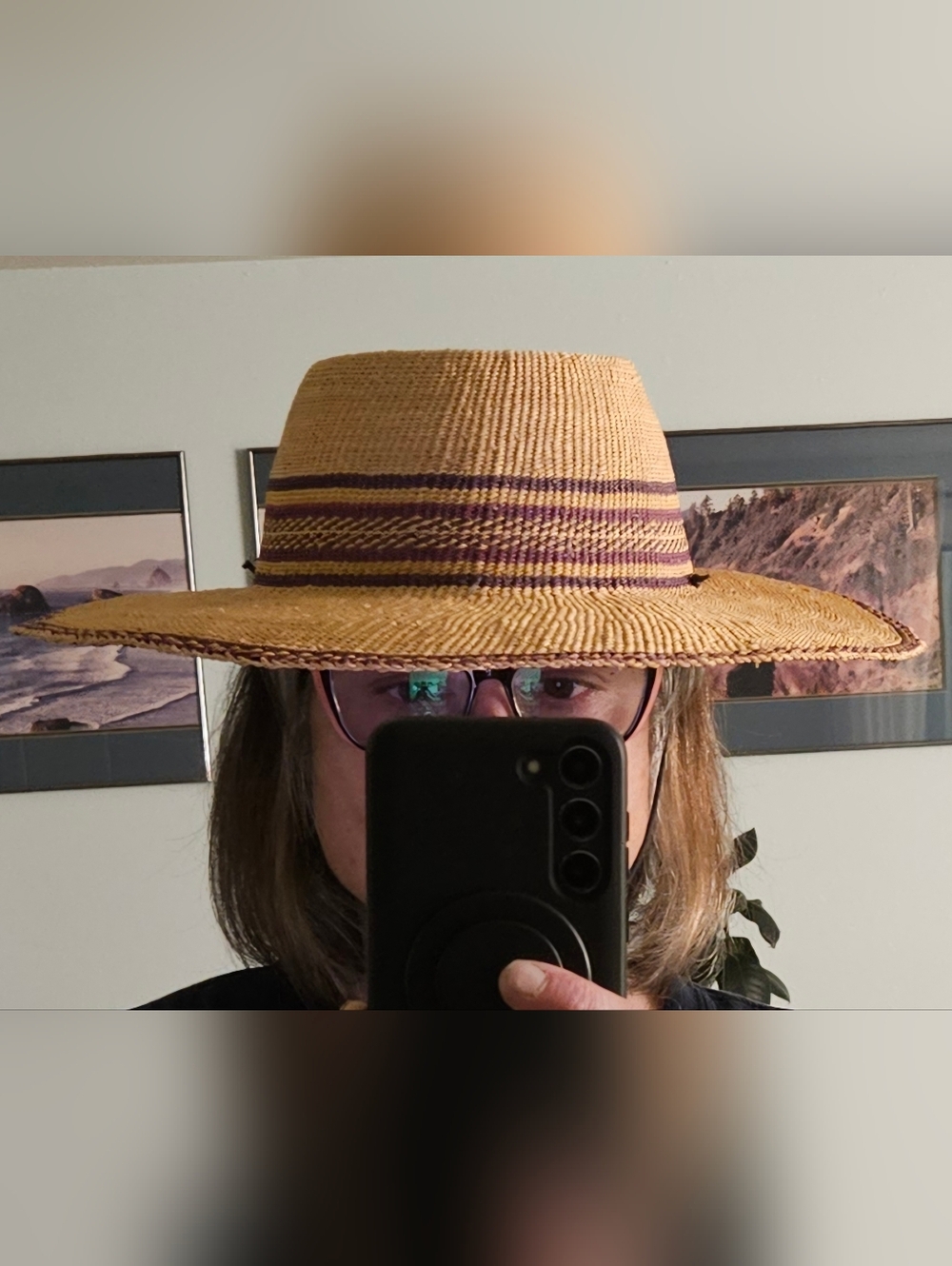 Woven Straw Fedora Hat with Purple Stripe